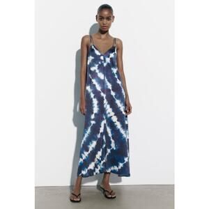 Zara Satin Effect Blue Tie Dye Spaghetti Strap Slip Dress Midi / Maxi XS - Small